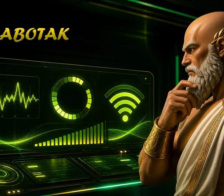 Ilustrasi RajaBotak Slot Live dengan maskot Zeus botak dan layar streaming