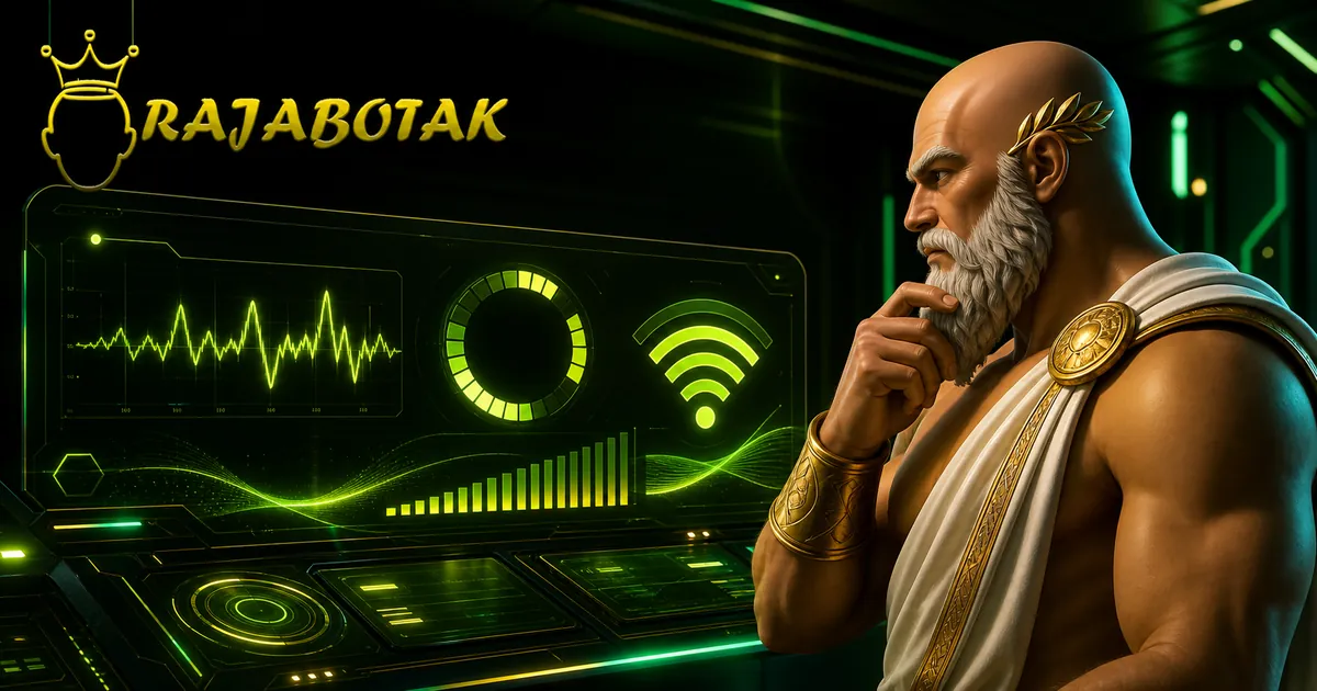 Ilustrasi RajaBotak Slot Live dengan maskot Zeus botak dan layar streaming