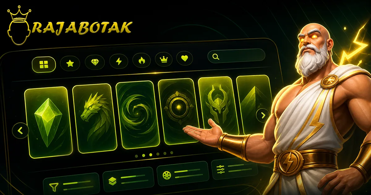 Ilustrasi RajaBotak Slotjos dengan maskot Zeus botak dan perangkat game