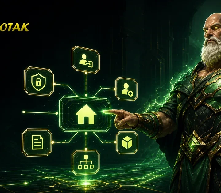 Maskot Zeus botak RajaBotak menampilkan direktori login dan daftar resmi