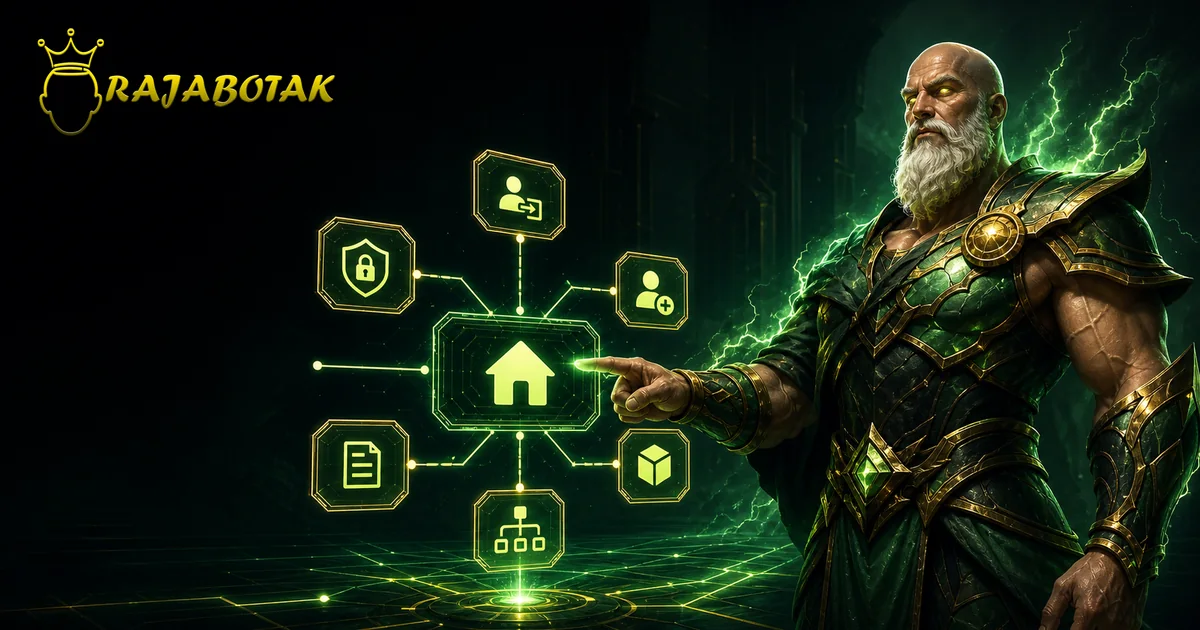 Maskot Zeus botak RajaBotak menampilkan direktori login dan daftar resmi