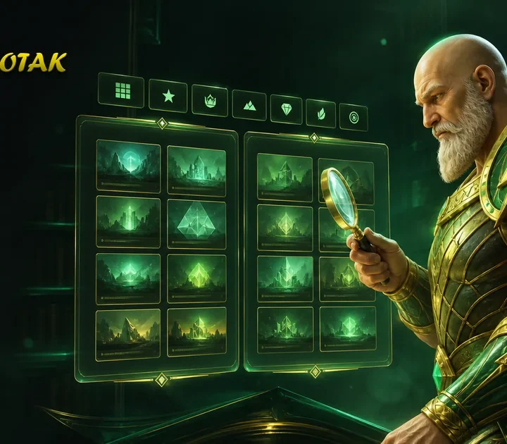Maskot Zeus botak menjelajahi katalog provider RajaBotak di layar mobile