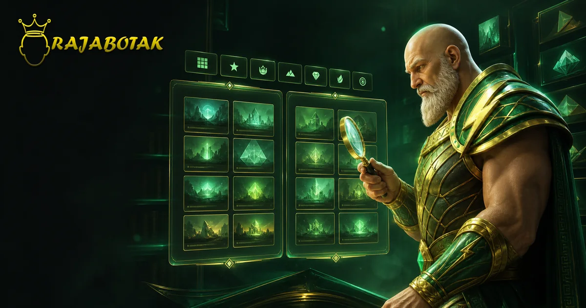 Maskot Zeus botak menjelajahi katalog provider RajaBotak di layar mobile