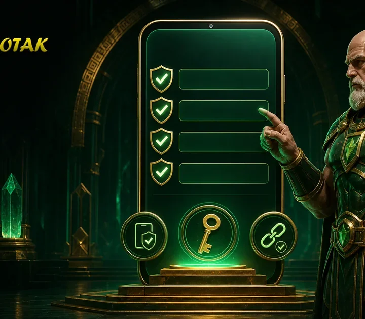 Maskot Zeus botak memeriksa checklist aman sebelum daftar RajaBotak