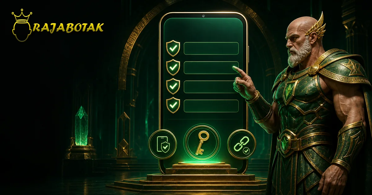 Maskot Zeus botak memeriksa checklist aman sebelum daftar RajaBotak