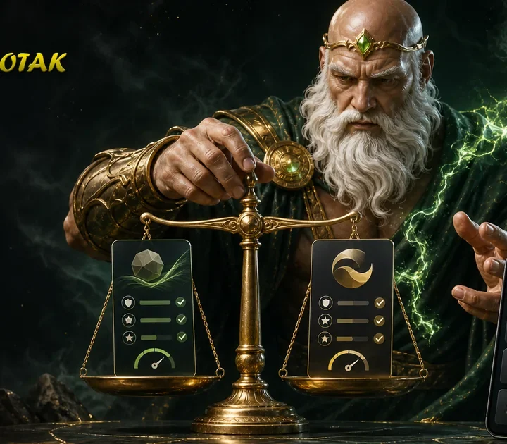 Maskot Zeus botak membandingkan provider dalam katalog RajaBotak