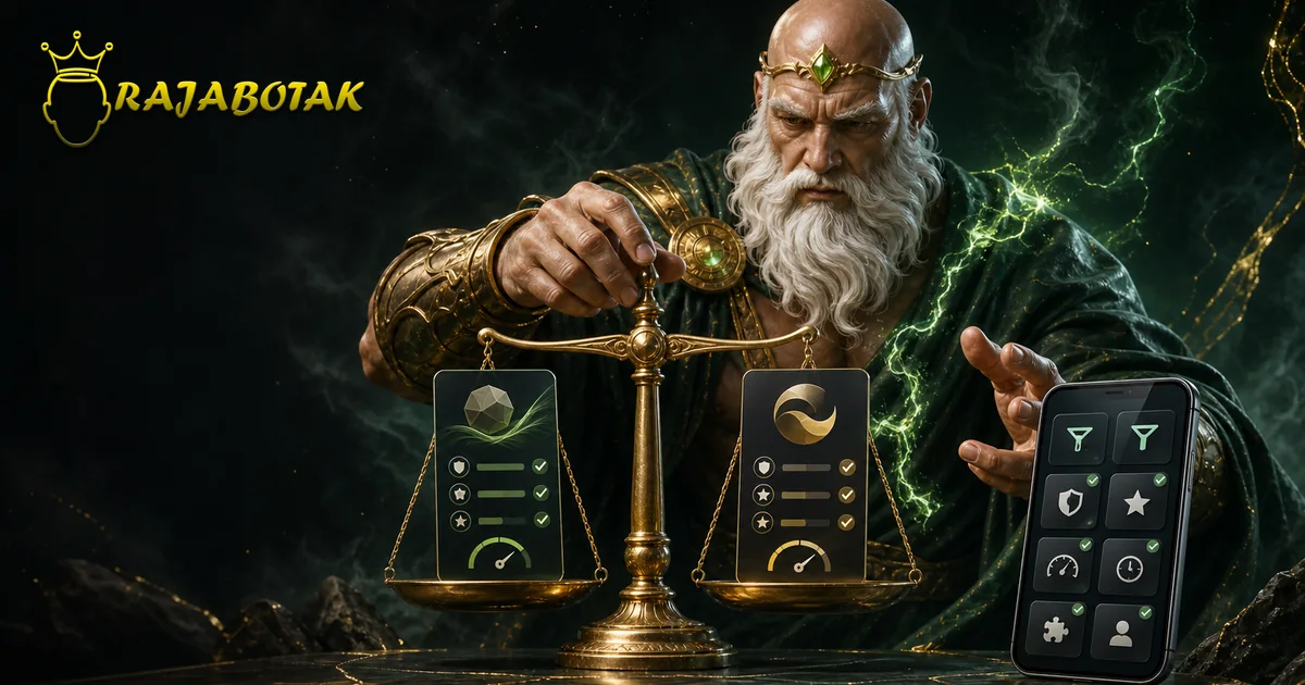 Maskot Zeus botak membandingkan provider dalam katalog RajaBotak